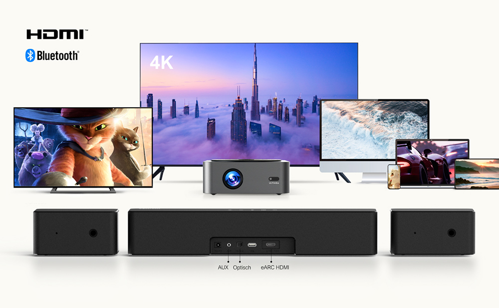 Ultimea Poseidon M4T 5.1 Soundbar + 1 Paar * Steady 300 Lautsprecherständer, Dolby Atmos, 450 W Spitzenleistung, einstellbarer Surround-Pegel