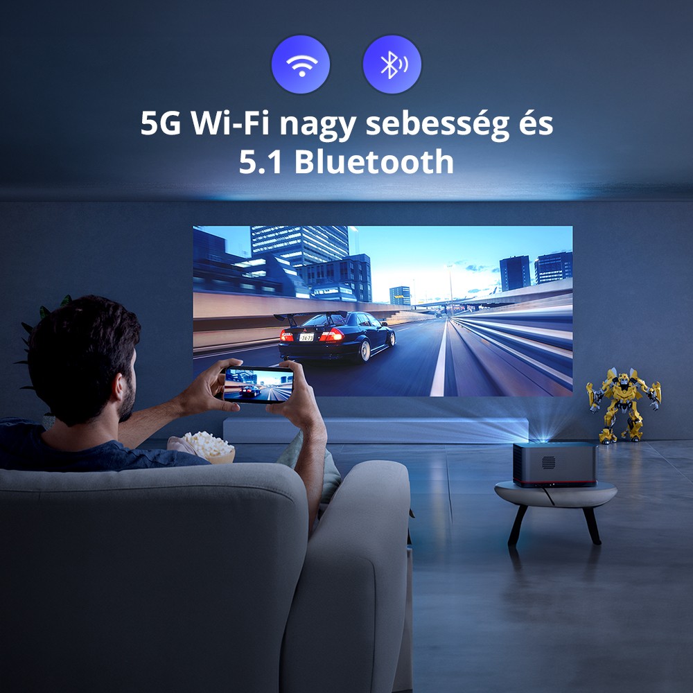 ETOE Whale Pro Android TV Projektor, Natív 1080P, 1500 ANSI, 4K dekódolás, Autofókusz és Automatikus trapézkorrekció, 2*10 W-os sztereó hangszóró, Kétsávos Wi-Fi