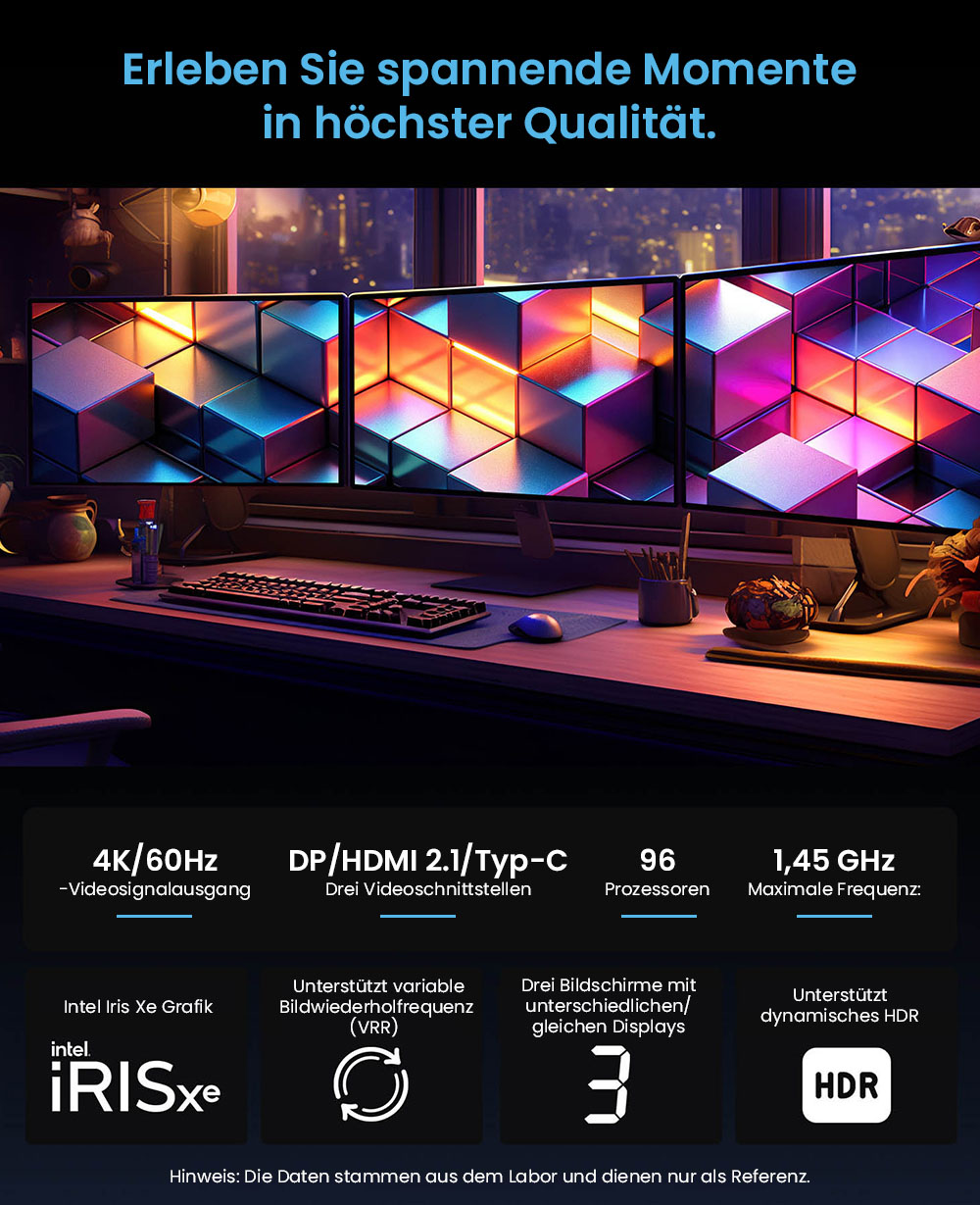 BMAX B9 Power Mini-PC, Intel Core i9-12900H 14 Kerne, max. 5,0 GHz, 32 GB RAM, 1 TB SSD, DP+HDMI+Typ-C 4K-Dreifachdisplay, unterstützt dynamisches HDR, WiFi 6, Bluetooth 5.2, 2 x USB 3.2, 2 x USB 2.0, 1 x RJ45, 1 x 3,5-mm-Headset-Buchse