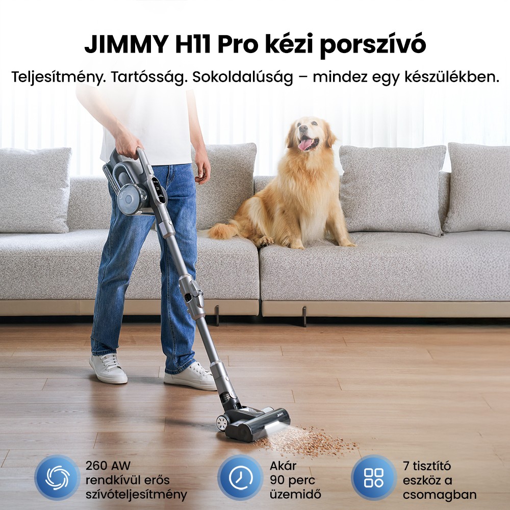 JIMMY H11 Pro akkus porszívó, 700 W/260 AW szívóteljesítmény, 90 perc üzemidő, rugalmas mentőcső, 7 tisztítóeszköz, LED kijelző, szőnyegekhez/kemény padlókhoz - sötétszürke