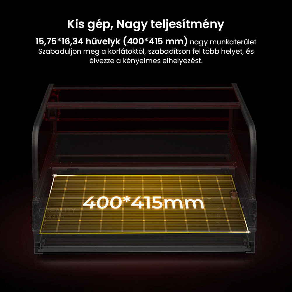 Creality Falcon2 Pro 40W-os lézergravírozó vágó, FDA 1. osztályú biztonsági tanúsítvány, füstelszívás, integrált légrásegítés, beépített kamera, kerítés típusú védőcsík, tűz- / légáramlás- / lencsefigyelés, 400*415mm