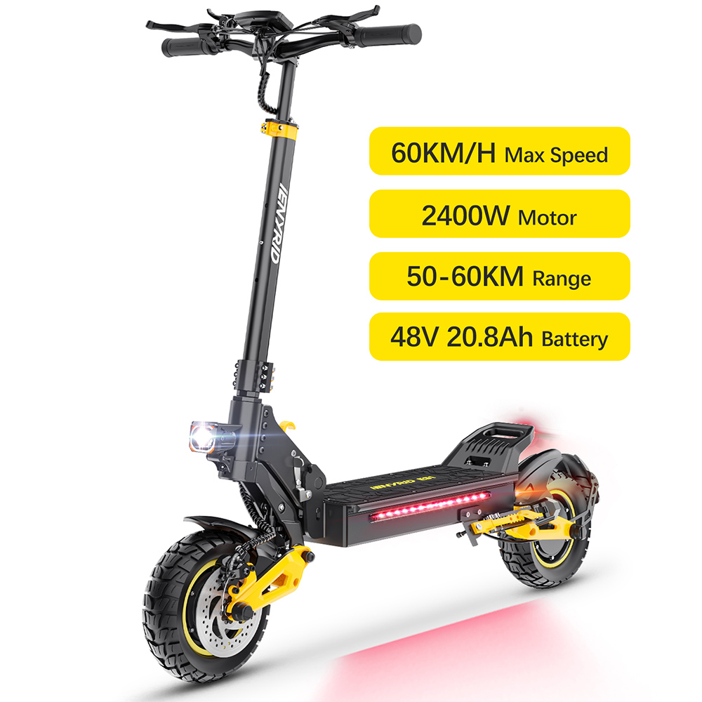 iENYRID ES1 Trottinette électrique, moteur 250 W x 2, batterie 48 V 20,8 Ah, pneus tout-terrain 10 pouces, vitesse maximale 25 km/h, autonomie 60 km, freins à double disque, suspension à ressort hydraulique avant et arrière, régulateur de vitesse