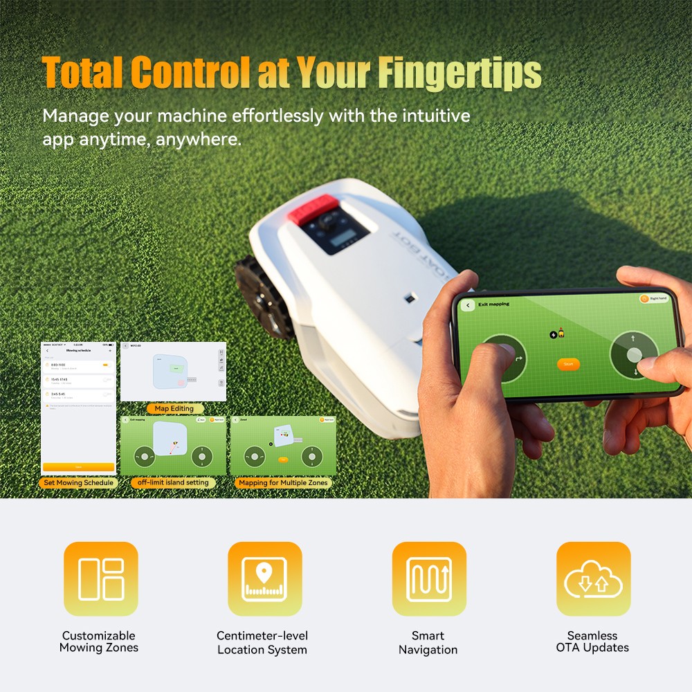 Goat Bot Unicut H1 Robotic Lawn Mower Wire Free up to 1500m² Large Area, No Boundary wire, RTK+VSLAM for Precise Mapping, AI Obstacle Avoidance, APP Control, Hedgehog Protection Lawn Robot, IPX6 Waterproof - White