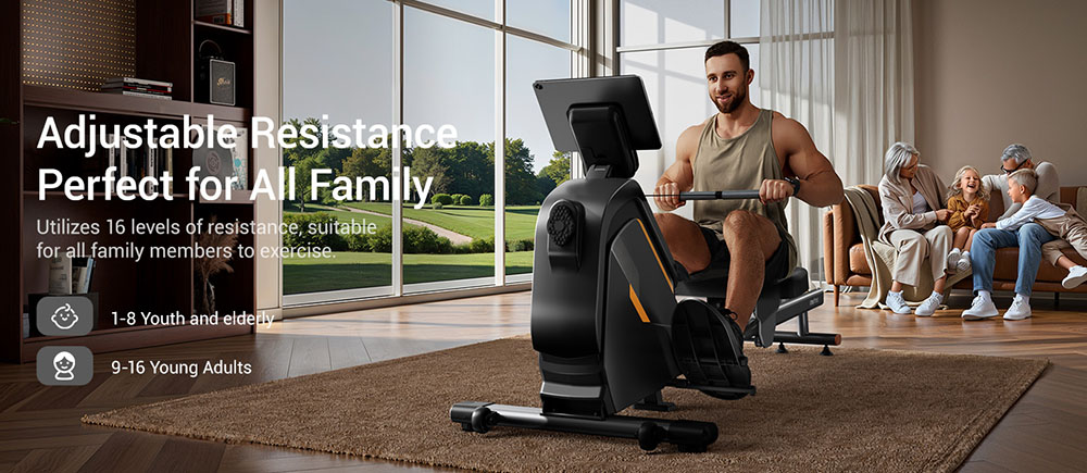 ROBORE UR30 Rower Machine with 126cm Extended Track, 16-Level Magnetic Resistance, 160kg Weight Capacity, Silent Operation