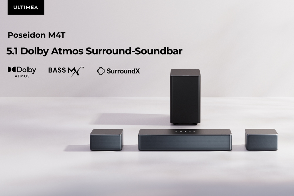 Ultimea Poseidon M4T 5.1 Soundbar-Subwoofer-Lautsprecher-Kit, Dolby Atmos, 450 W Spitzenleistung, einstellbarer Surround-Pegel