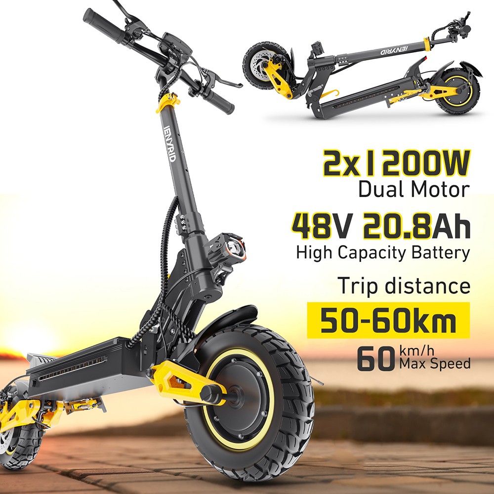 iENYRID ES1 Trottinette électrique, moteur 250 W x 2, batterie 48 V 20,8 Ah, pneus tout-terrain 10 pouces, vitesse maximale 25 km/h, autonomie 60 km, freins à double disque, suspension à ressort hydraulique avant et arrière, régulateur de vitesse