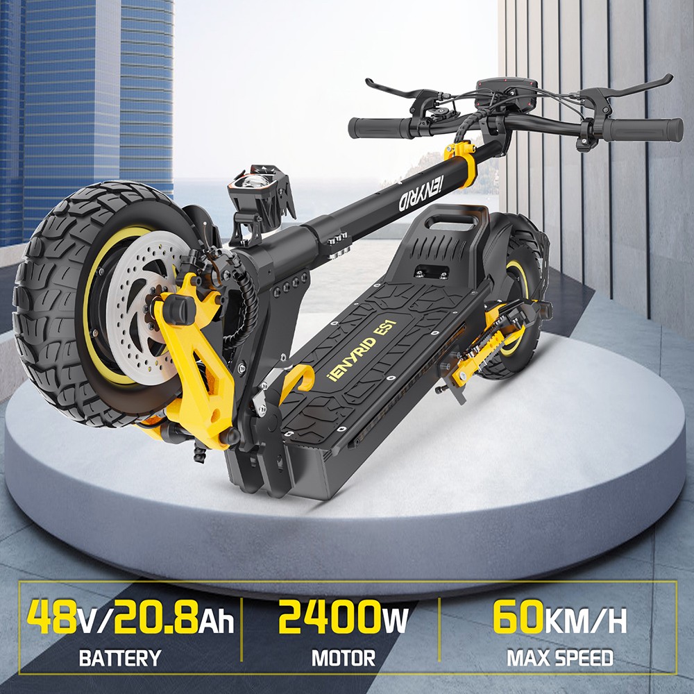 iENYRID ES1 Trottinette électrique, moteur 250 W x 2, batterie 48 V 20,8 Ah, pneus tout-terrain 10 pouces, vitesse maximale 25 km/h, autonomie 60 km, freins à double disque, suspension à ressort hydraulique avant et arrière, régulateur de vitesse