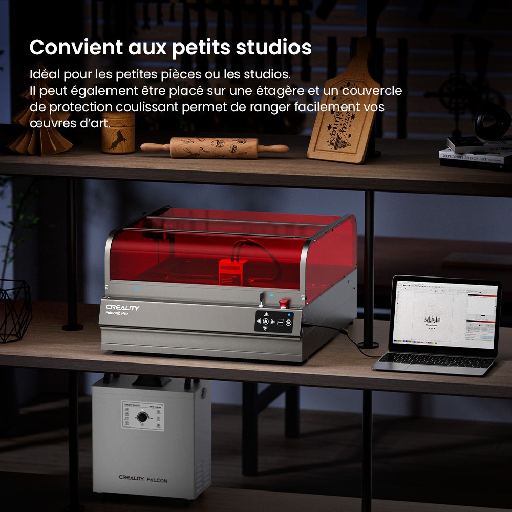 Graveur laser Creality Falcon2 Pro 40 W, certification de sécurité FDA classe 1, évacuation des fumées, assistance d'air intégrée, caméra intégrée, bande de protection de type clôture, surveillance incendie/flux d'air/lentille, 400 x 415 mm