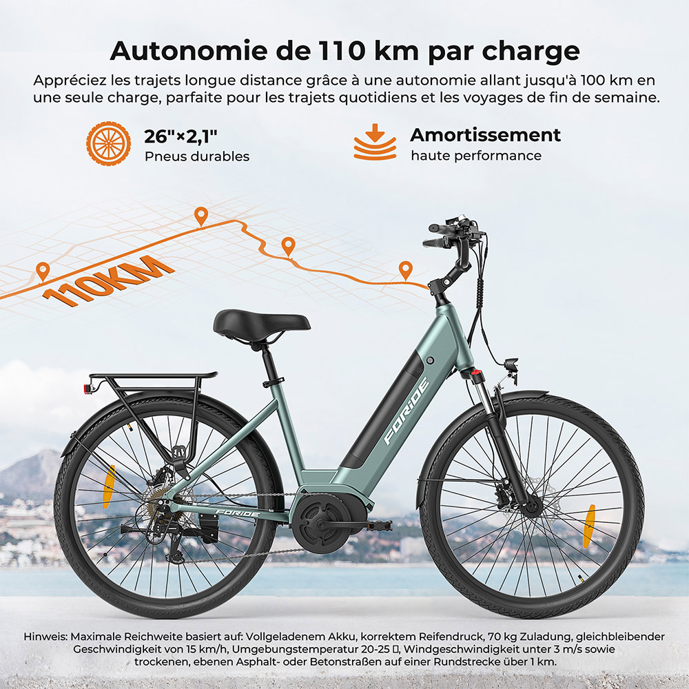 Foride Urbano 1 Vélo électrique, moteur central 250 W, batterie 36 V 13 Ah, pneus 26 pouces, vitesse maximale 25 km/h, autonomie 110 km, freins à disque hydrauliques, fourche à suspension avec blocage, transmission Shimano 7 vitesses