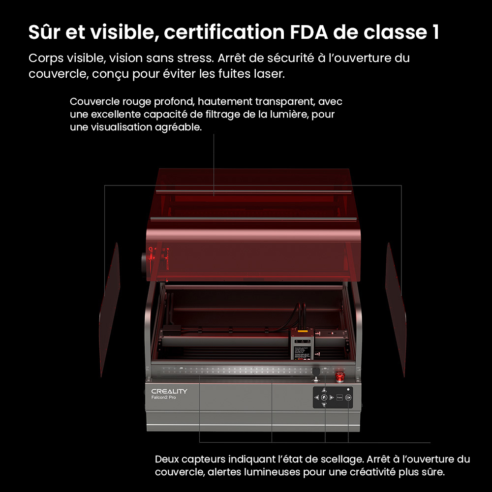 Graveur laser Creality Falcon2 Pro 40 W, certification de sécurité FDA classe 1, évacuation des fumées, assistance d'air intégrée, caméra intégrée, bande de protection de type clôture, surveillance incendie/flux d'air/lentille, 400 x 415 mm