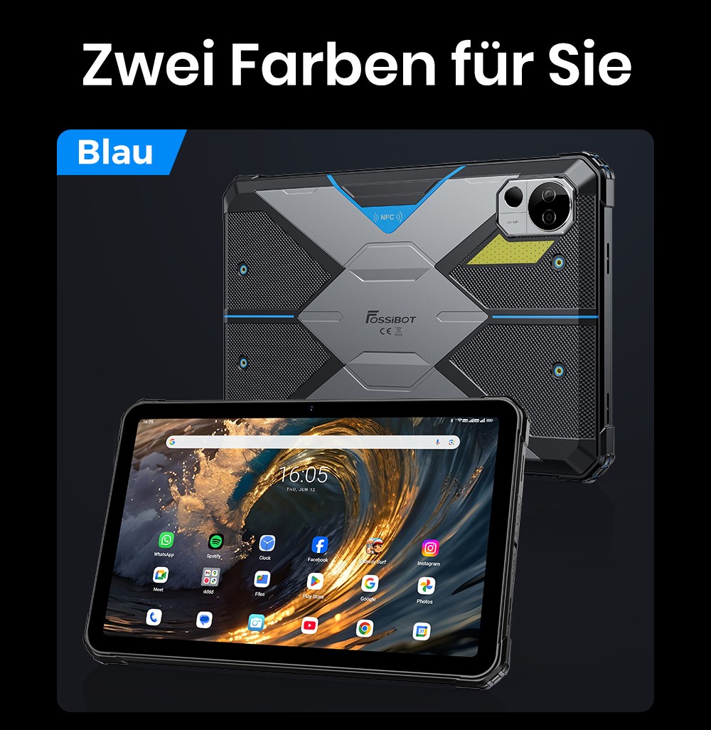 FOSSiBOT DT3 5G Rugged Tablet, Android 15, 10,4 Zoll 1200x2000 Display, 12GB RAM 256GB ROM, WiFi 6, 21560mAh Akku 66W Schnellladung, 64MP+32MP Kamera, LED-Taschenlampe, NFC, GPS/GALILEO/GLONASS/QZSS/BEIDOU/NavIC, Fingerabdruck- & Face ID-Entsperrung - Blau