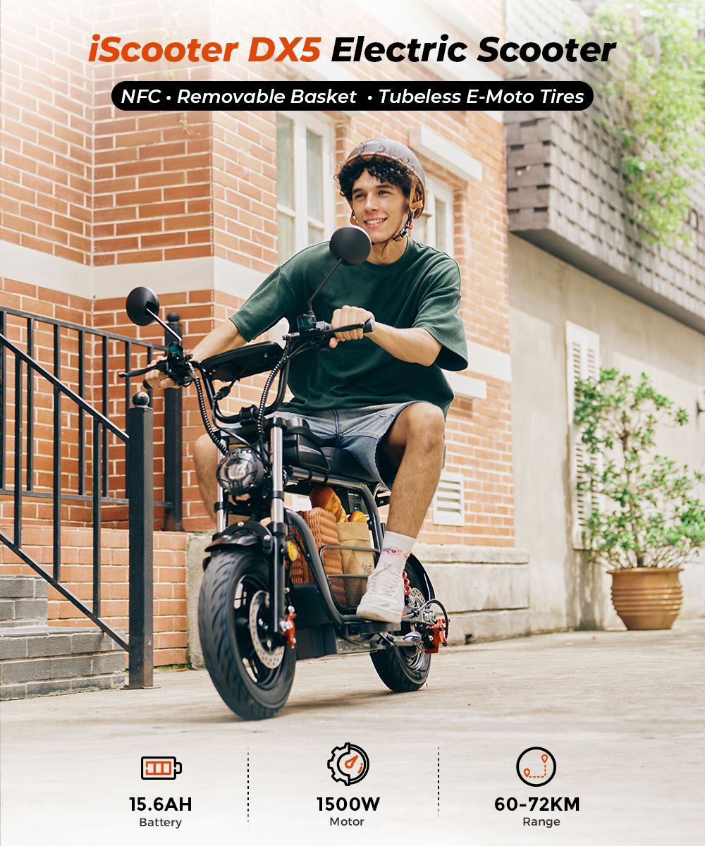iScooter DX5 Elektroroller, 1500-W-Motor, 48-V-15,6-Ah-Akku, 15-Zoll-Schlauchlosreifen, 55 km/h Höchstgeschwindigkeit, 72 km Reichweite, hydraulische Scheibenbremsen vorne und hinten, hydraulische Dämpfung der Vordergabel und Luftfederung hinten, LCD-Display