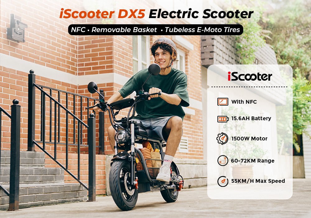iScooter DX5 Elektroroller, 1500-W-Motor, 48-V-15,6-Ah-Akku, 15-Zoll-Schlauchlosreifen, 55 km/h Höchstgeschwindigkeit, 72 km Reichweite, hydraulische Scheibenbremsen vorne und hinten, hydraulische Dämpfung der Vordergabel und Luftfederung hinten, LCD-Display