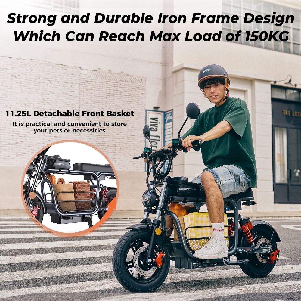 iScooter DX5 Elektroroller, 1500-W-Motor, 48-V-15,6-Ah-Akku, 15-Zoll-Schlauchlosreifen, 55 km/h Höchstgeschwindigkeit, 72 km Reichweite, hydraulische Scheibenbremsen vorne und hinten, hydraulische Dämpfung der Vordergabel und Luftfederung hinten, LCD-Display