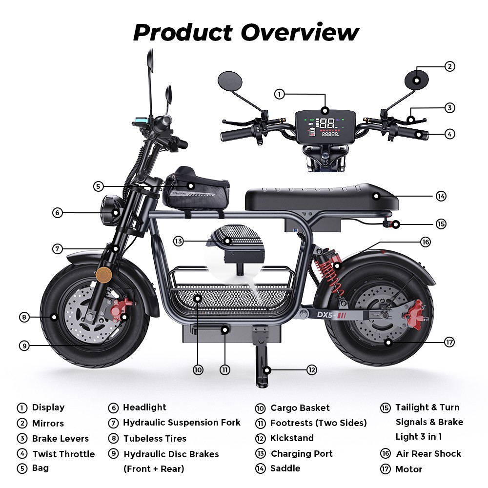 iScooter DX5 Elektroroller, 1500-W-Motor, 48-V-15,6-Ah-Akku, 15-Zoll-Schlauchlosreifen, 55 km/h Höchstgeschwindigkeit, 72 km Reichweite, hydraulische Scheibenbremsen vorne und hinten, hydraulische Dämpfung der Vordergabel und Luftfederung hinten, LCD-Display