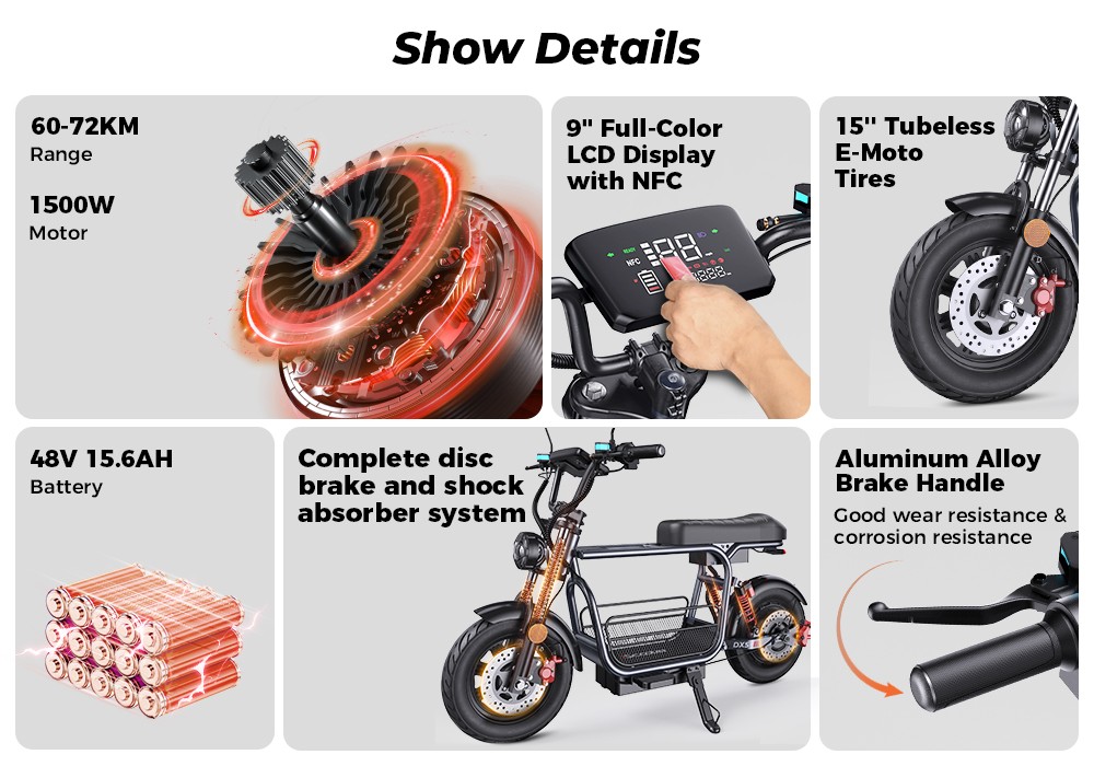 iScooter DX5 Elektroroller, 1500-W-Motor, 48-V-15,6-Ah-Akku, 15-Zoll-Schlauchlosreifen, 55 km/h Höchstgeschwindigkeit, 72 km Reichweite, hydraulische Scheibenbremsen vorne und hinten, hydraulische Dämpfung der Vordergabel und Luftfederung hinten, LCD-Display