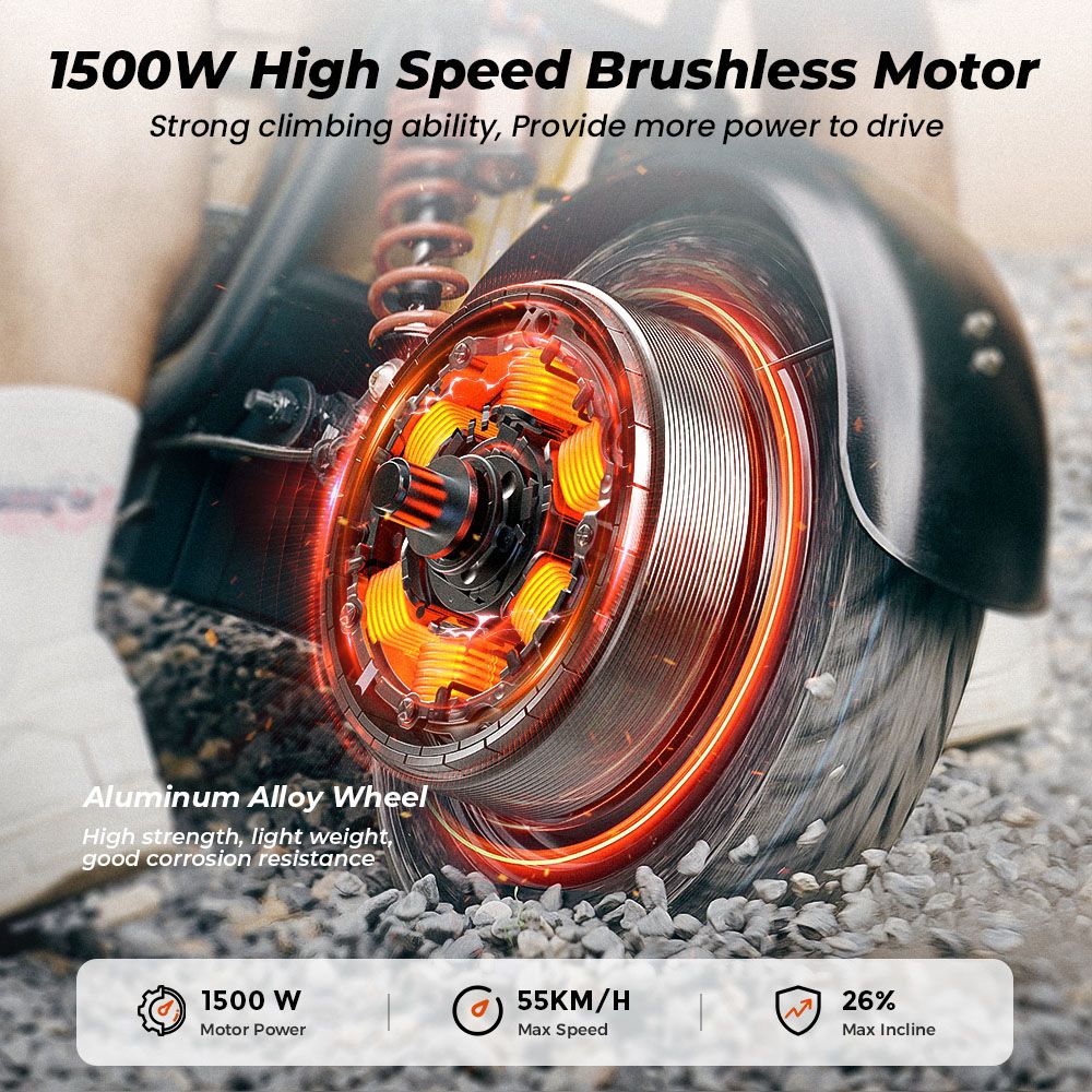 iScooter DX5 Elektroroller, 1500-W-Motor, 48-V-15,6-Ah-Akku, 15-Zoll-Schlauchlosreifen, 55 km/h Höchstgeschwindigkeit, 72 km Reichweite, hydraulische Scheibenbremsen vorne und hinten, hydraulische Dämpfung der Vordergabel und Luftfederung hinten, LCD-Display