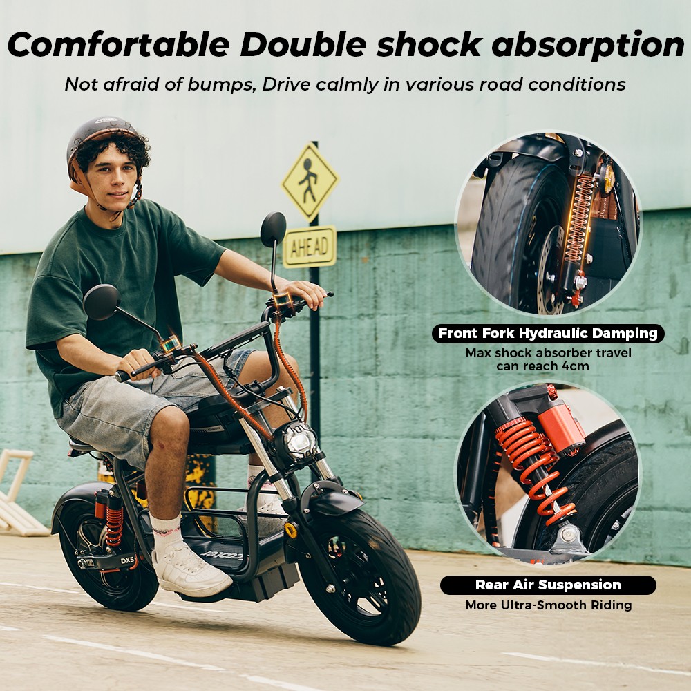 iScooter DX5 Elektroroller, 1500-W-Motor, 48-V-15,6-Ah-Akku, 15-Zoll-Schlauchlosreifen, 55 km/h Höchstgeschwindigkeit, 72 km Reichweite, hydraulische Scheibenbremsen vorne und hinten, hydraulische Dämpfung der Vordergabel und Luftfederung hinten, LCD-Display