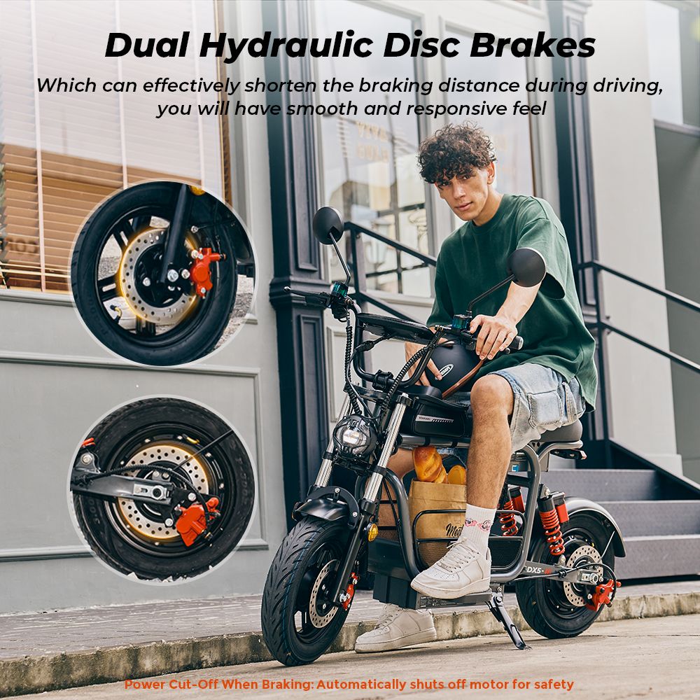 iScooter DX5 Elektroroller, 1500-W-Motor, 48-V-15,6-Ah-Akku, 15-Zoll-Schlauchlosreifen, 55 km/h Höchstgeschwindigkeit, 72 km Reichweite, hydraulische Scheibenbremsen vorne und hinten, hydraulische Dämpfung der Vordergabel und Luftfederung hinten, LCD-Display