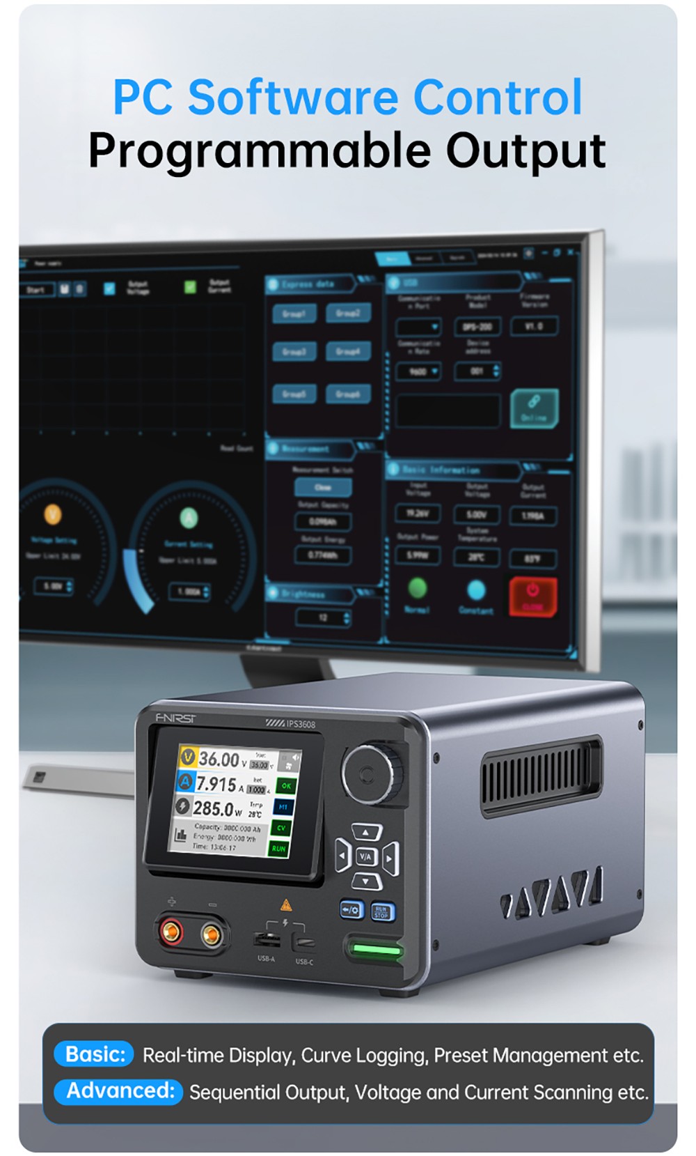 FNIRSI IPS3608 AC-DC Intelligent Digital Control Power Supply, 10mV Ultra-Low Ripple, 2.8-inch TFT Display, PD/QC Fast Charge, EU Plug