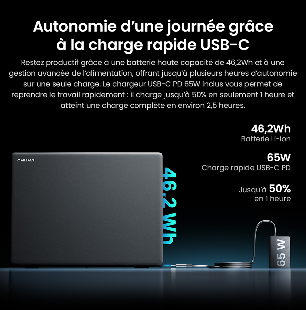 Ordinateur portable CHUWI CoreBook X, écran 14 pouces 2160 x 1440, processeur AMD Ryzen 5 7430U 6 cœurs cadencé à 4,3 GHz maximum, 16 Go de RAM, SSD 512 Go, Wi-Fi 6, Bluetooth 5.2, batterie 4 000 mAh, clavier rétroéclairé, 1 port Type-C complet, 2 ports USB 3.0, 1 port HDMI 1.4, 1 emplacement pour carte TF, 1 prise casque.
