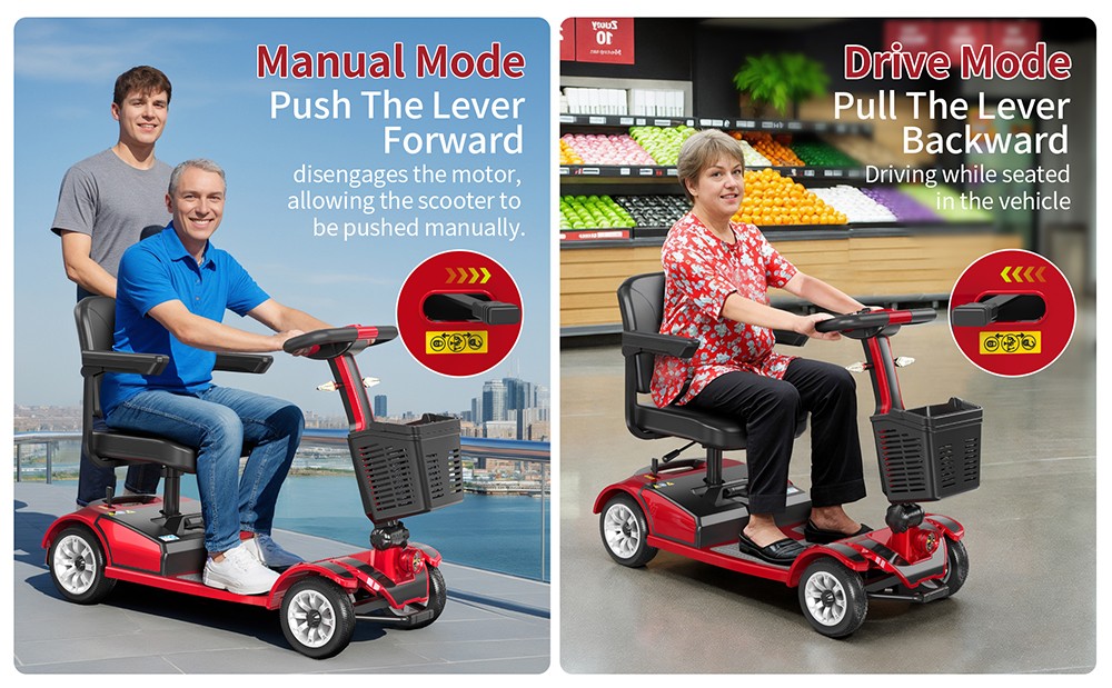 Unificare Mate Négykerekű Roller Időseknek, 250 W-os Motor, 24 V 20 Ah Akkumulátor, Elöl 8 hüvelykes és Hátul 9 hüvelykes Gumiabroncsok, 7,8 km/h Max Sebesség, 35 km Hatótávolság, Mágneses Fék, 190 kg Max Terhelhetőség - Piros