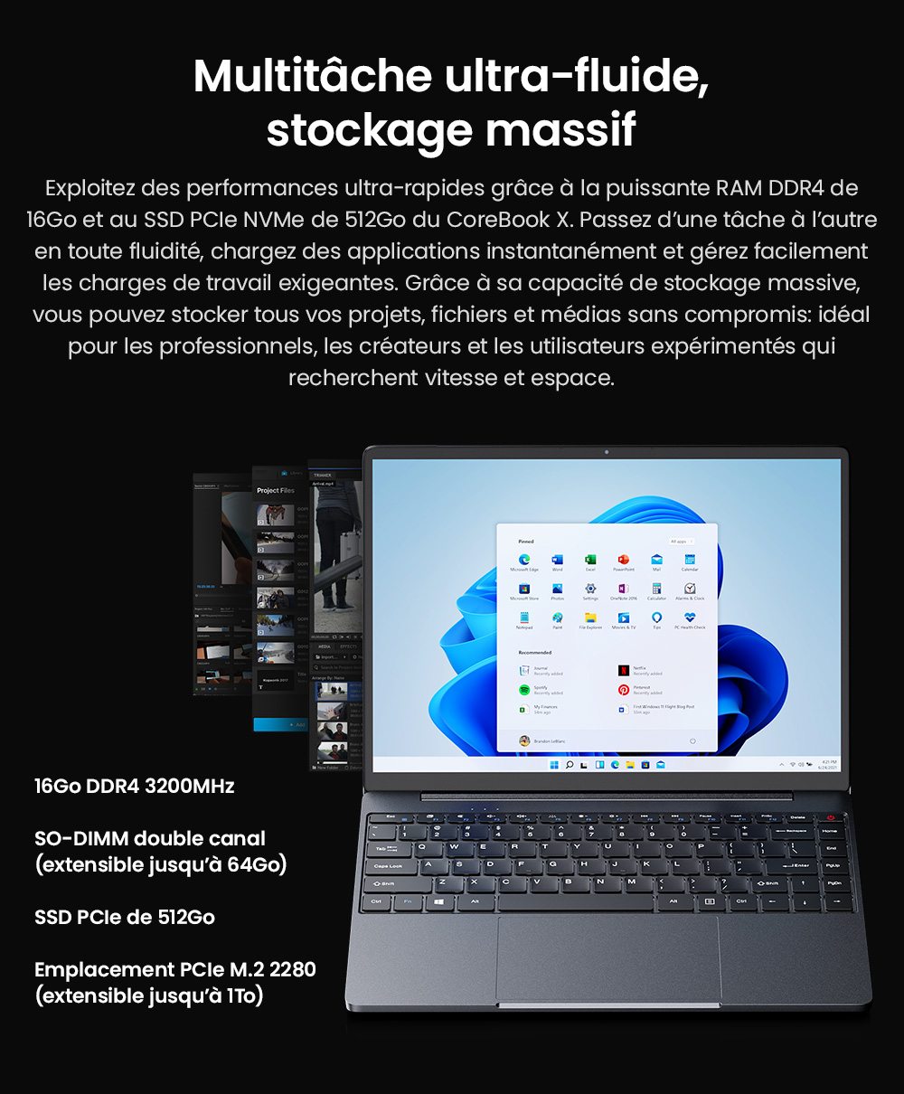 Ordinateur portable CHUWI CoreBook X, écran 14 pouces 2160 x 1440, processeur AMD Ryzen 5 7430U 6 cœurs cadencé à 4,3 GHz maximum, 16 Go de RAM, SSD 512 Go, Wi-Fi 6, Bluetooth 5.2, batterie 4 000 mAh, clavier rétroéclairé, 1 port Type-C complet, 2 ports USB 3.0, 1 port HDMI 1.4, 1 emplacement pour carte TF, 1 prise casque.