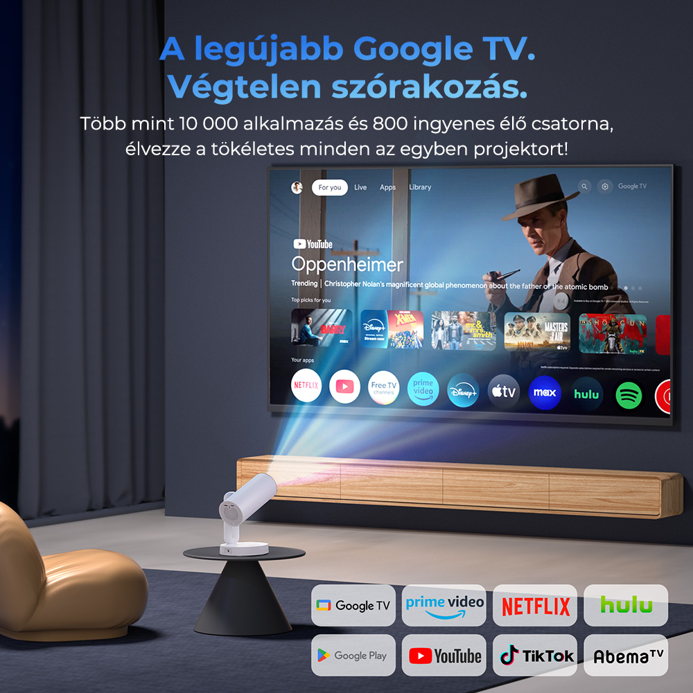 ETOE Starfish Plus projektor, beépített Google TV, 140°-os forgatás, natív 1080p, 300 ANSI, 4K dekódolás, érintős éjszakai fény, automatikus trapézkorrekció és autofókusz