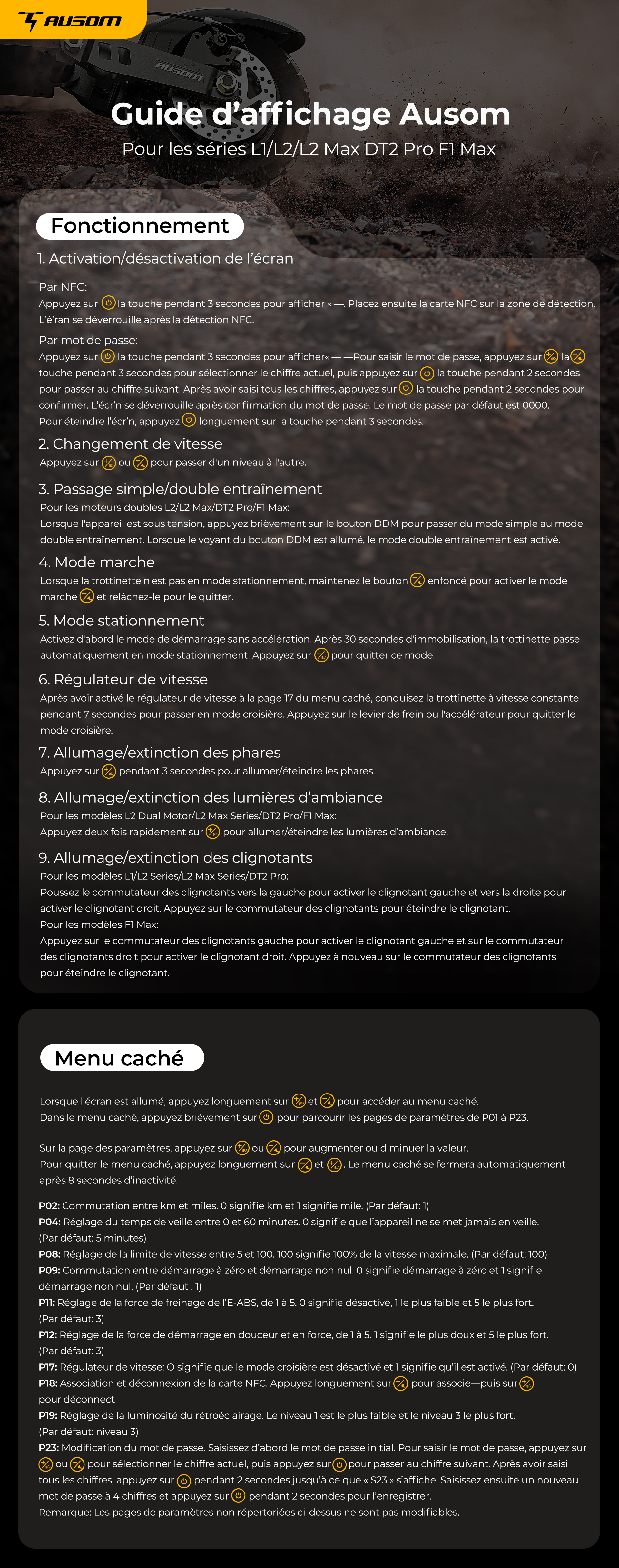 Ausom F1 Max Trottinette électrique, moteur 2 x 1 400 W, batterie 60 V 20,8 Ah, pneus 10 pouces, vitesse maximale 72 km/h, autonomie maximale 100 km, freins à disque hydrauliques avant et arrière, verrouillage NFC et par code