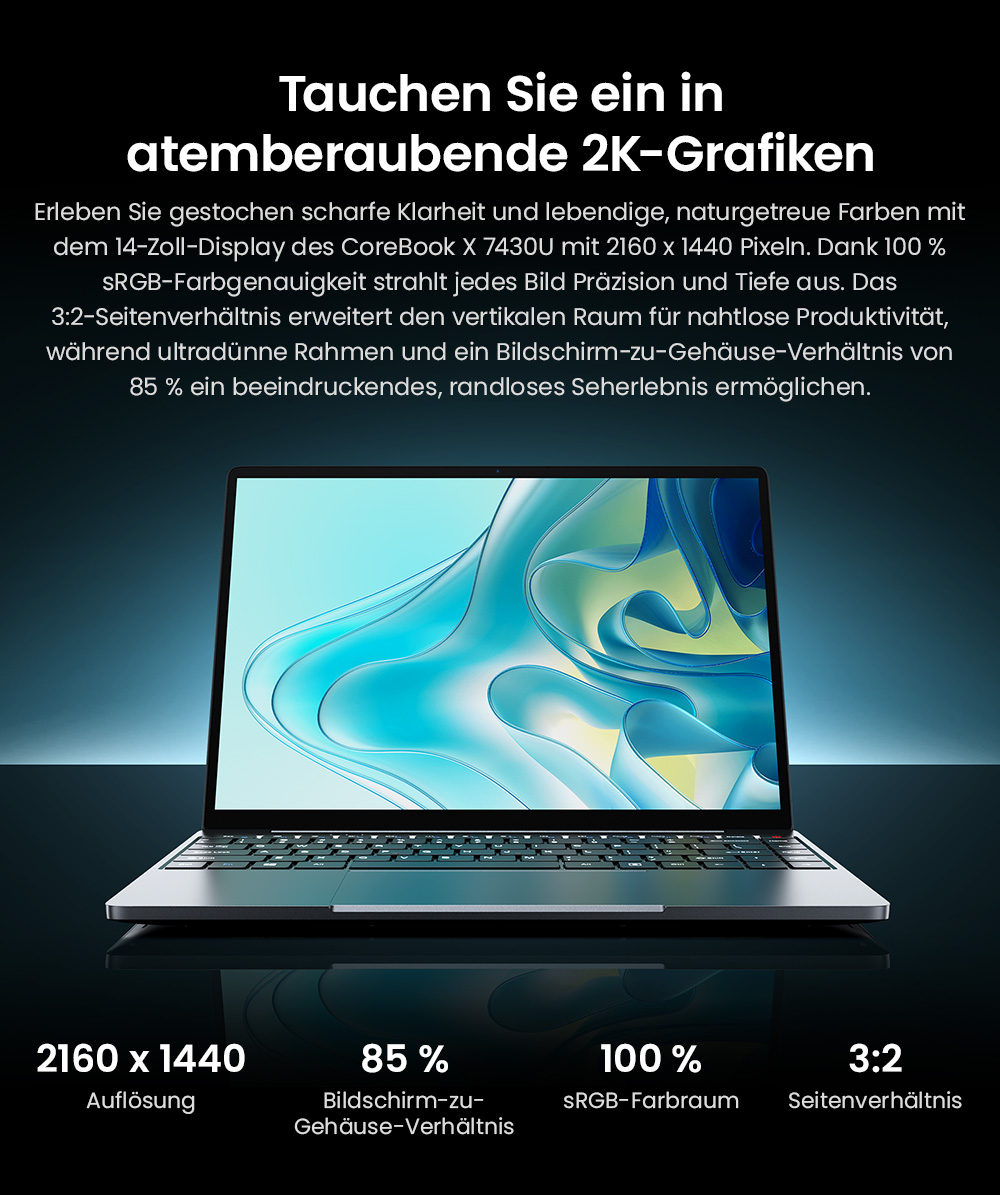 CHUWI CoreBook X Laptop, 14 Zoll 2160 x 1440 Display, AMD Ryzen 5 7430U 6 Kerne Max 4,3 GHz, 16 GB RAM 512 SSD, WiFi 6 Bluetooth 5.2, 4000 mAh Akku, Tastatur mit Hintergrundbeleuchtung, 1 * voll ausgestatteter Typ-C, 2 * USB 3.0, 1 * HDMI 1.4, 1 * TF-Kartensteckplatz, 1 * Kopfhöreranschluss