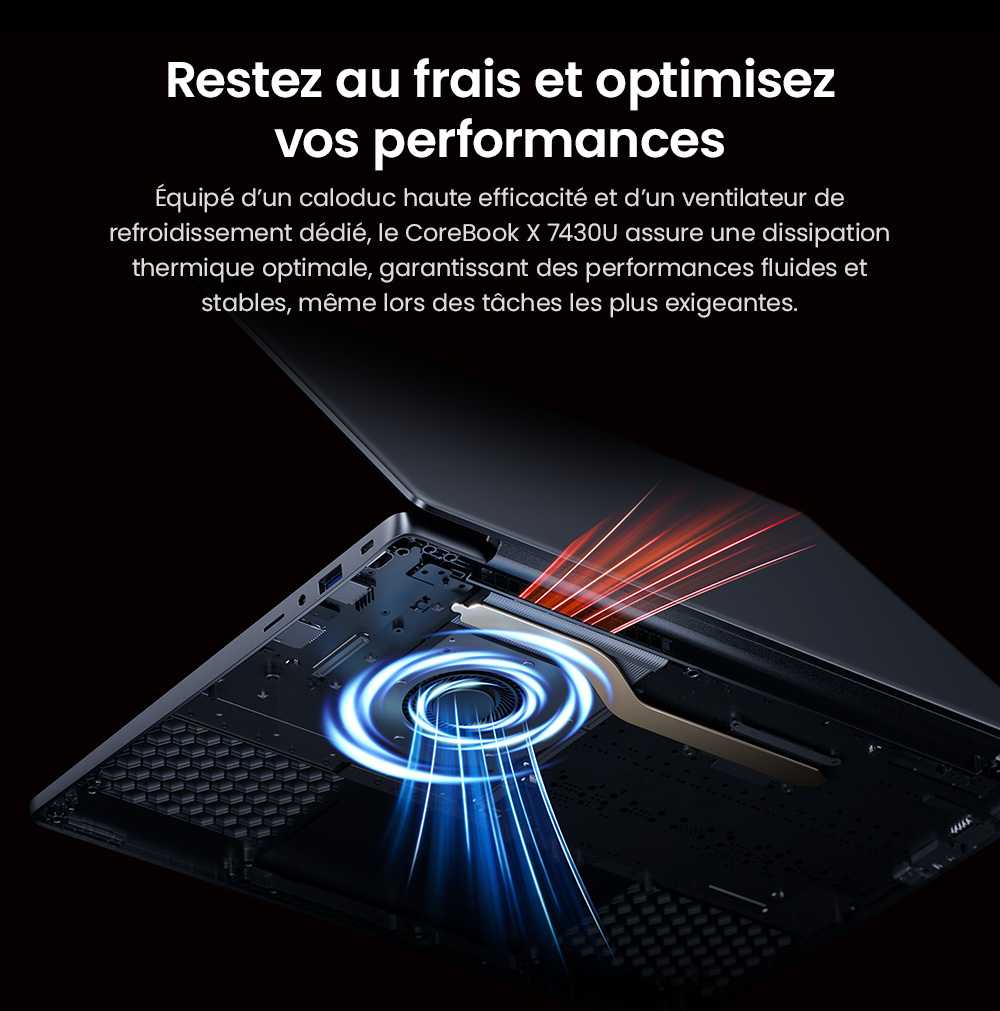 Ordinateur portable CHUWI CoreBook X, écran 14 pouces 2160 x 1440, processeur AMD Ryzen 5 7430U 6 cœurs cadencé à 4,3 GHz maximum, 16 Go de RAM, SSD 512 Go, Wi-Fi 6, Bluetooth 5.2, batterie 4 000 mAh, clavier rétroéclairé, 1 port Type-C complet, 2 ports USB 3.0, 1 port HDMI 1.4, 1 emplacement pour carte TF, 1 prise casque.
