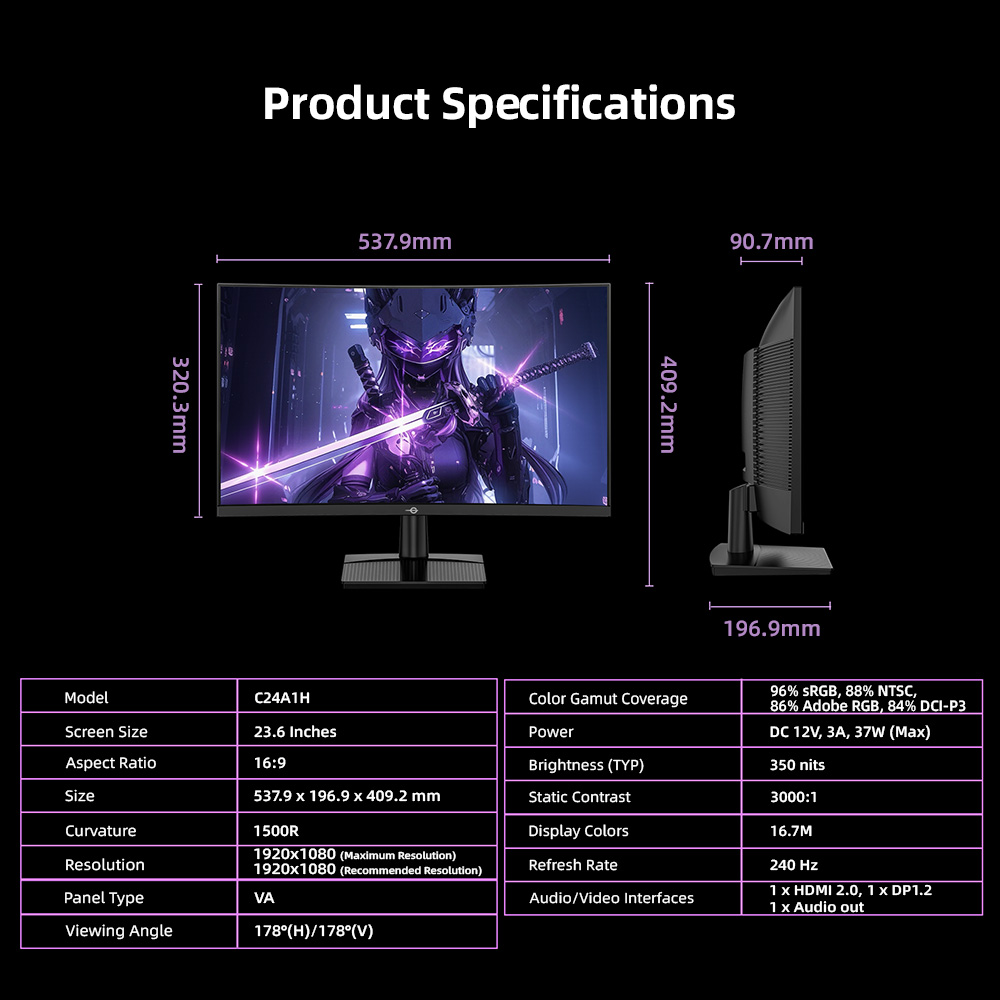 TITAN ARMY C24A1H Gaming Monitor, 23.6 inch 1500R Curved VA Screen, 1920*1080, 240Hz Refresh Rate, Dynamic OD, FreeSync, HDR10, 10 Scenario Modes, 96% sRGB, Game+, 1*HDMI 2.0, 1*DP1.2, 1*Audio, Low Blue Light