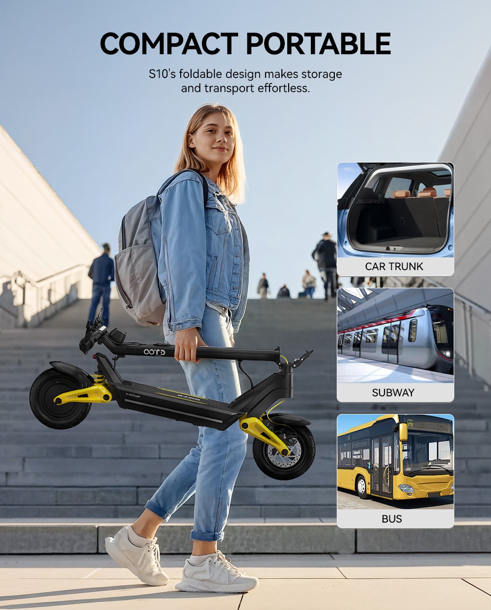 OOTD S10 Folding Electric Scooter 10 Inch Tires 1400W Motor 25km/h Max Speed 48V 20Ah Battery for 60-70km Range 120KG Max Load Disc Brake shock absorption IPX4 APP - Yellow