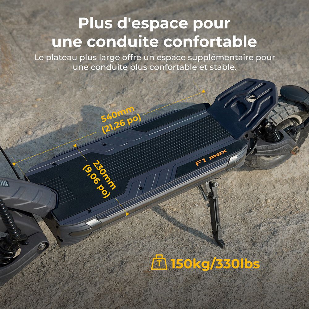 Trottinette électrique Ausom F1 Max, moteur 2 x 1 400 W, batterie 60 V 20,8 Ah, pneus 10 pouces, vitesse maximale 72 km/h, autonomie maximale 100 km, freins à disque hydrauliques avant et arrière, verrouillage NFC et par code