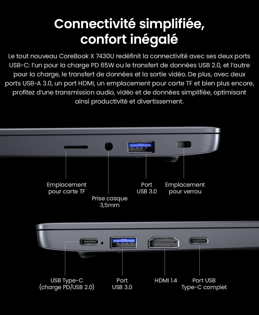 Ordinateur portable CHUWI CoreBook X, écran 14 pouces 2160 x 1440, processeur AMD Ryzen 5 7430U 6 cœurs cadencé à 4,3 GHz maximum, 16 Go de RAM, SSD 512 Go, Wi-Fi 6, Bluetooth 5.2, batterie 4 000 mAh, clavier rétroéclairé, 1 port Type-C complet, 2 ports USB 3.0, 1 port HDMI 1.4, 1 emplacement pour carte TF, 1 prise casque.