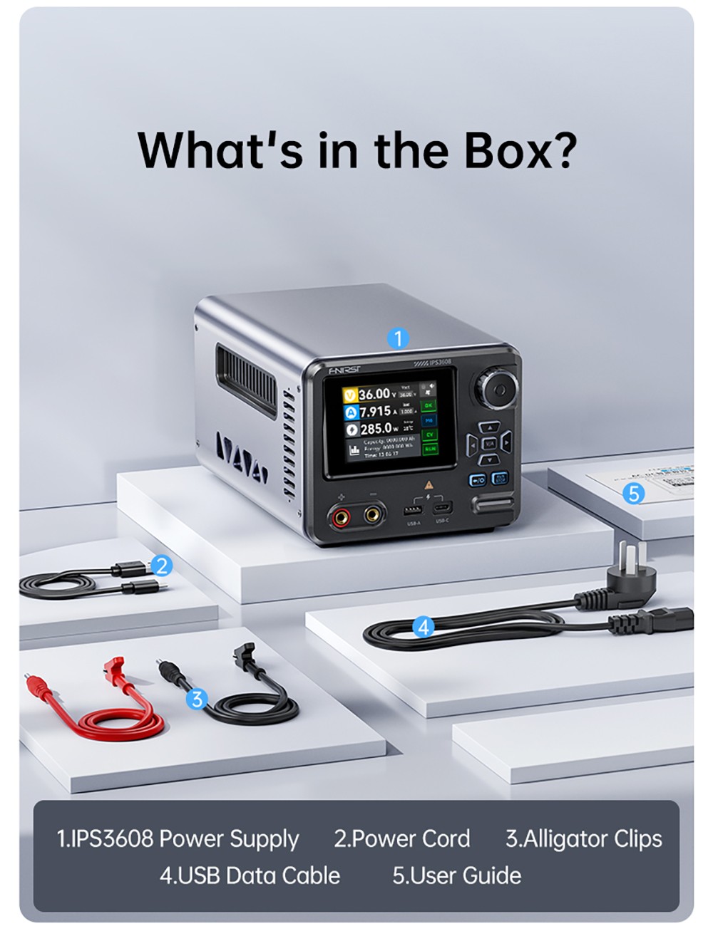 FNIRSI IPS3608 AC-DC Intelligent Digital Control Power Supply, 10mV Ultra-Low Ripple, 2.8-inch TFT Display, PD/QC Fast Charge