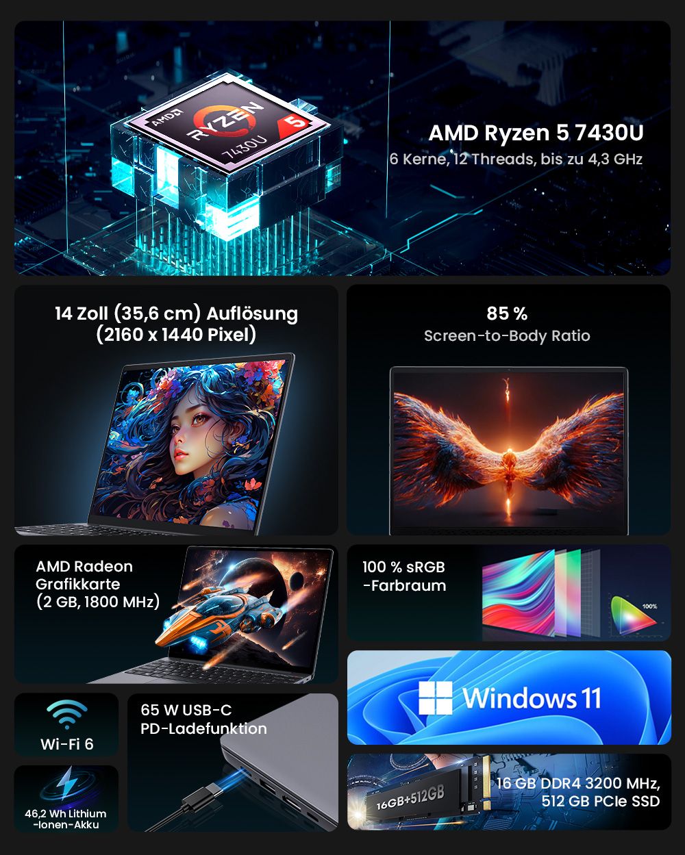 CHUWI CoreBook X Laptop, 14 Zoll 2160 x 1440 Display, AMD Ryzen 5 7430U 6 Kerne Max 4,3 GHz, 16 GB RAM 512 SSD, WiFi 6 Bluetooth 5.2, 4000 mAh Akku, Tastatur mit Hintergrundbeleuchtung, 1 * voll ausgestatteter Typ-C, 2 * USB 3.0, 1 * HDMI 1.4, 1 * TF-Kartensteckplatz, 1 * Kopfhöreranschluss
