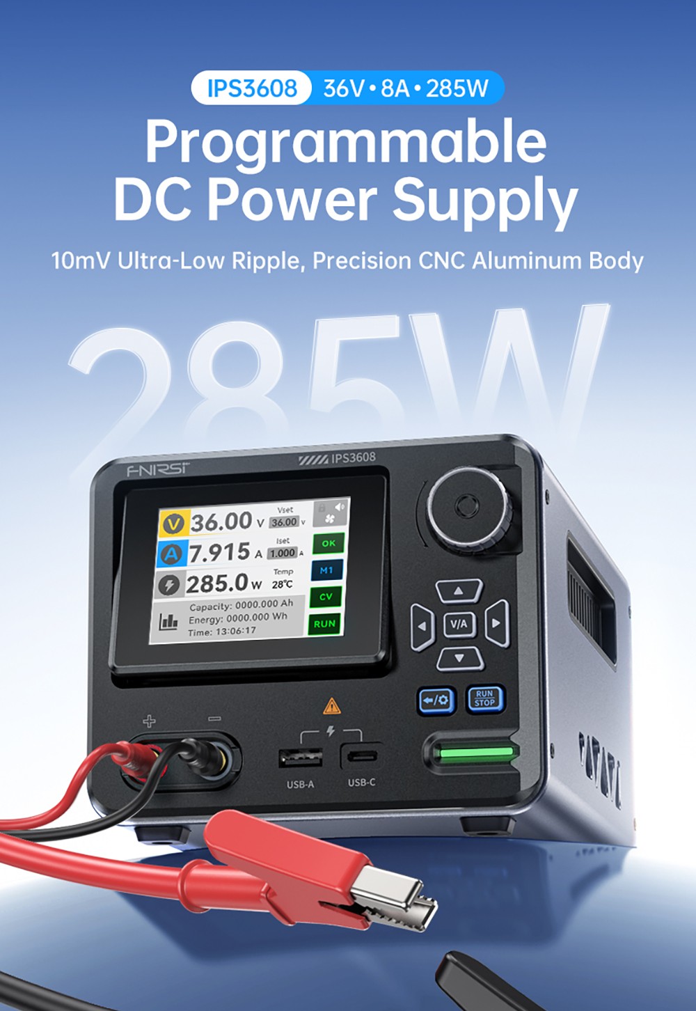 FNIRSI IPS3608 AC-DC Intelligent Digital Control Power Supply, 10mV Ultra-Low Ripple, 2.8-inch TFT Display, PD/QC Fast Charge