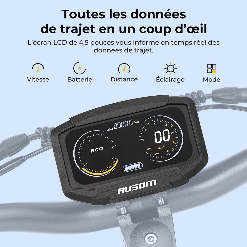 Trottinette électrique Ausom F1 Max, moteur 2 x 1 400 W, batterie 60 V 20,8 Ah, pneus 10 pouces, vitesse maximale 72 km/h, autonomie maximale 100 km, freins à disque hydrauliques avant et arrière, verrouillage NFC et par code