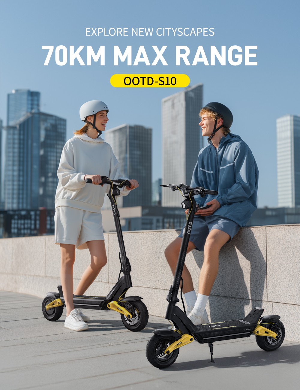 OOTD S10 Folding Electric Scooter 10 Inch Tires 1400W Motor 25km/h Max Speed 48V 20Ah Battery for 60-70km Range 120KG Max Load Disc Brake shock absorption IPX4 APP - Yellow