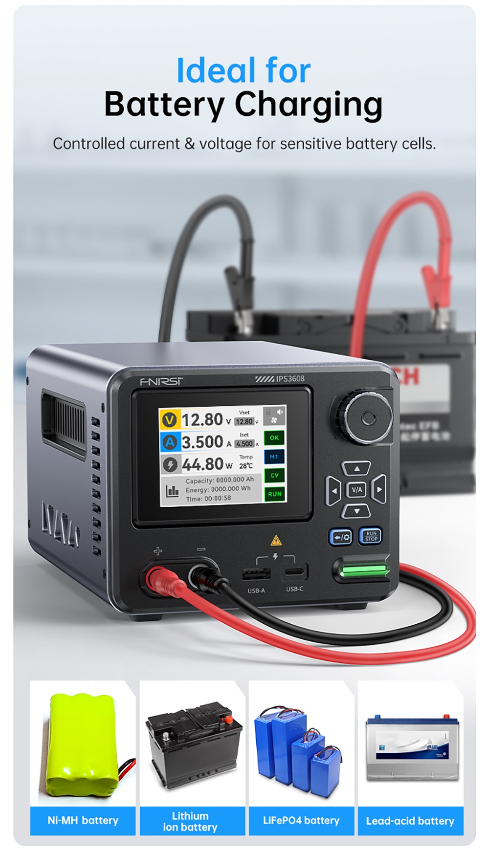 FNIRSI IPS3608 AC-DC Intelligent Digital Control Power Supply, 10mV Ultra-Low Ripple, 2.8-inch TFT Display, PD/QC Fast Charge