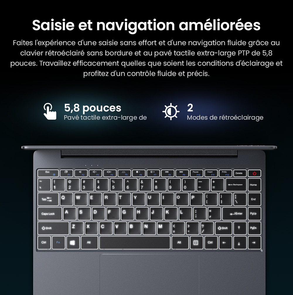 Ordinateur portable CHUWI CoreBook X, écran 14 pouces 2160 x 1440, processeur AMD Ryzen 5 7430U 6 cœurs cadencé à 4,3 GHz maximum, 16 Go de RAM, SSD 512 Go, Wi-Fi 6, Bluetooth 5.2, batterie 4 000 mAh, clavier rétroéclairé, 1 port Type-C complet, 2 ports USB 3.0, 1 port HDMI 1.4, 1 emplacement pour carte TF, 1 prise casque.