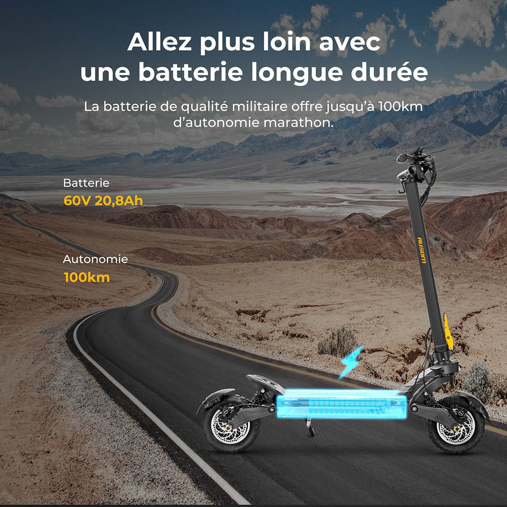 Trottinette électrique Ausom F1 Max, moteur 2 x 1 400 W, batterie 60 V 20,8 Ah, pneus 10 pouces, vitesse maximale 72 km/h, autonomie maximale 100 km, freins à disque hydrauliques avant et arrière, verrouillage NFC et par code