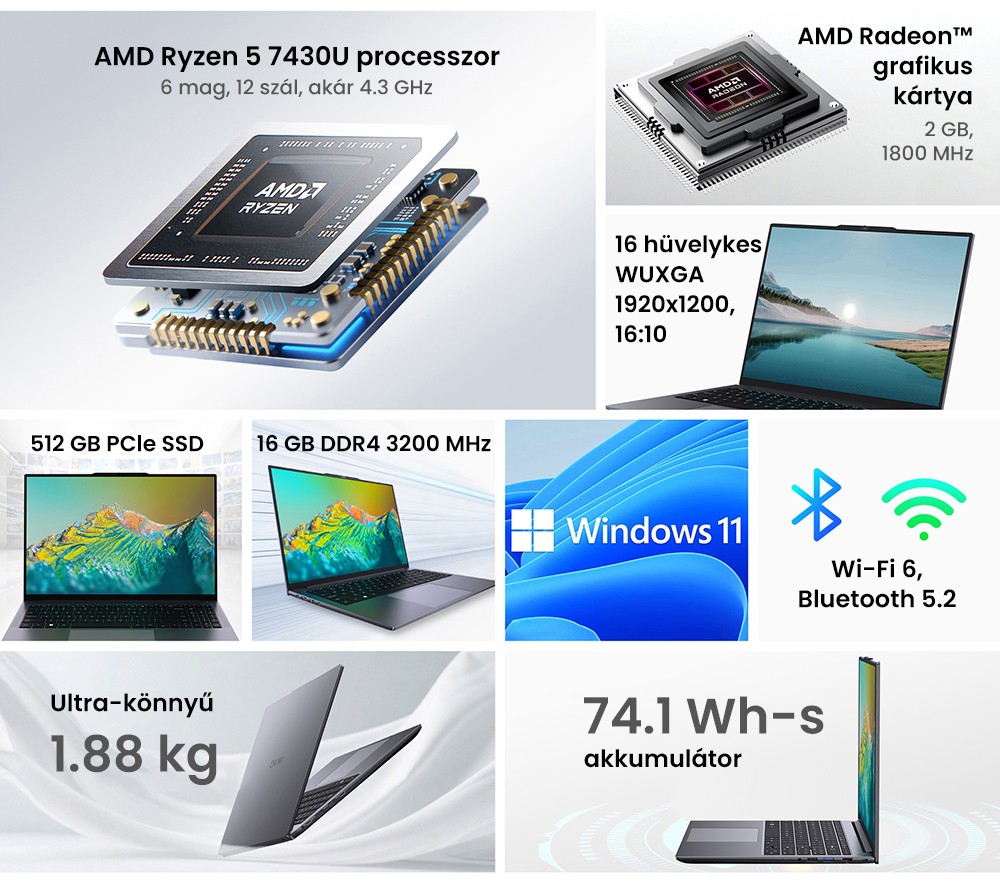 CHUWI CoreBook Plus Laptop, 16 hüvelykes 1920x1200 IPS képernyő, AMD Ryzen 5 7430U 6 magos, max. 4,3 GHz, 16 GB RAM, 512 GB SSD, WiFi 6 Bluetooth 5.2, 2*Teljes funkcionalitású Type-C, 2*USB3.2, 1*USB2.0, 1*TF kártyahely, 1*HDMI, 1*RJ45, 1*Audio