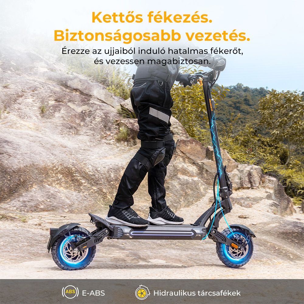Ausom SR1 Elektromos Roller, 2*1000W-os Motor, 52V 20.8Ah Akkumulátor, 10 colos Gumiabroncsok, 65km/h Max. Sebesség, 95km Hatótávolság, Elöl és Hátul Hidraulikus Tárcsafékek, Lengőkaros Felfüggesztés