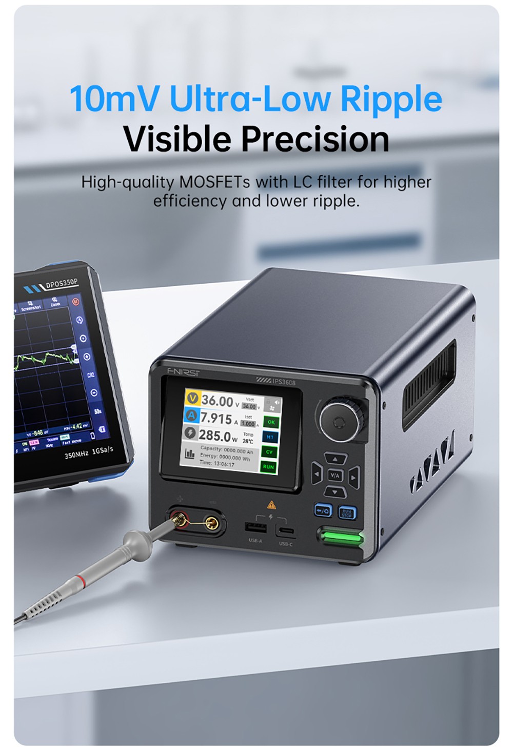 FNIRSI IPS3608 AC-DC Intelligent Digital Control Power Supply, 10mV Ultra-Low Ripple, 2.8-inch TFT Display, PD/QC Fast Charge
