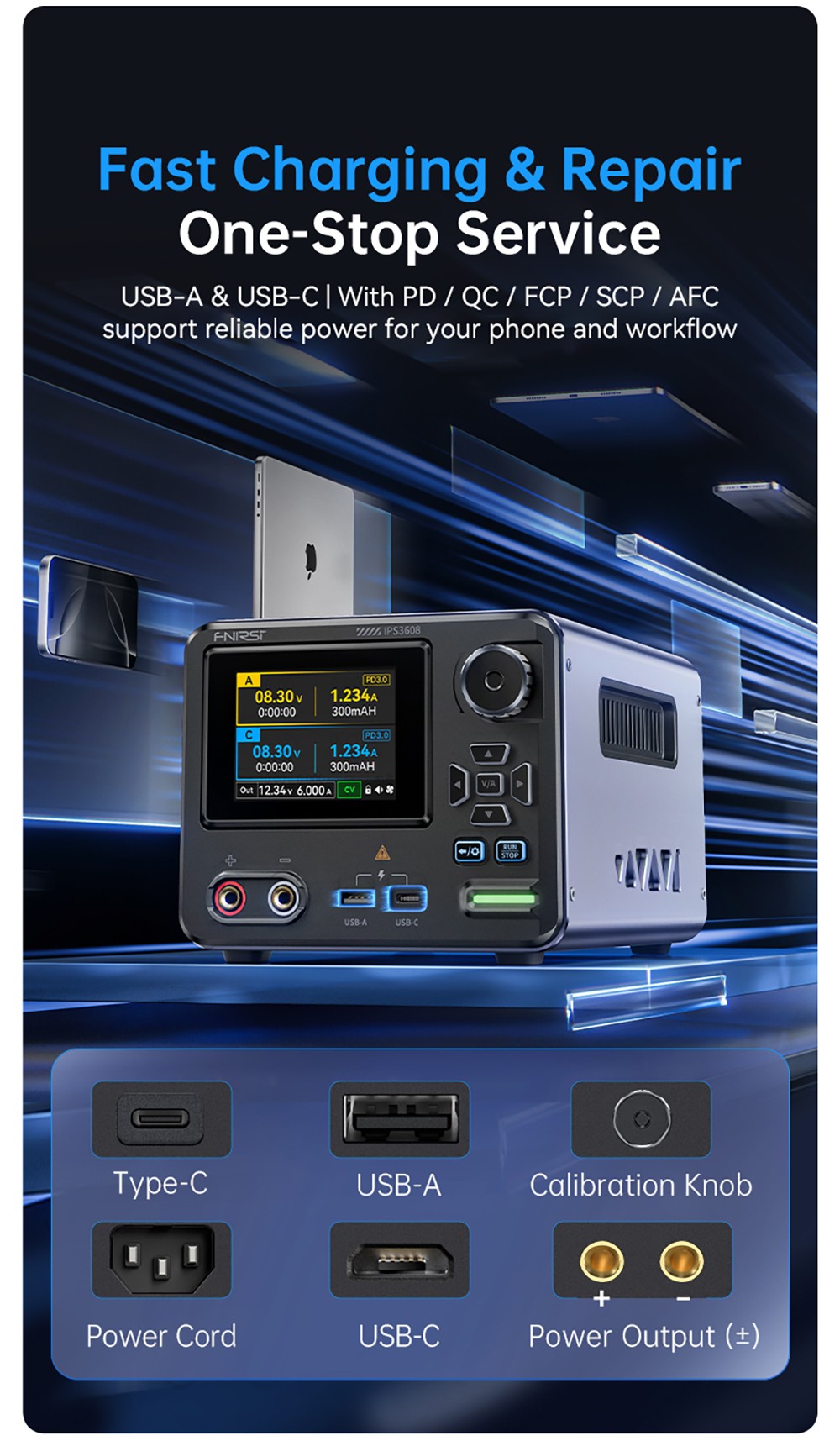 FNIRSI IPS3608 AC-DC Intelligent Digital Control Power Supply, 10mV Ultra-Low Ripple, 2.8-inch TFT Display, PD/QC Fast Charge