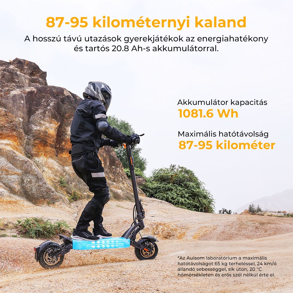 Ausom SR1 Elektromos Roller, 2*1000W-os Motor, 52V 20.8Ah Akkumulátor, 10 colos Gumiabroncsok, 65km/h Max. Sebesség, 95km Hatótávolság, Elöl és Hátul Hidraulikus Tárcsafékek, Lengőkaros Felfüggesztés