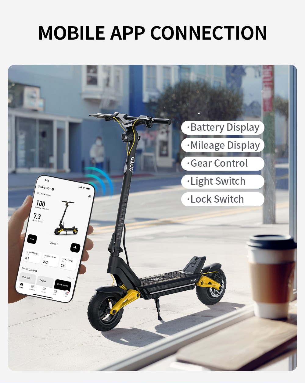 OOTD S10 Folding Electric Scooter 10 Inch Tires 1400W Motor 25km/h Max Speed 48V 20Ah Battery for 60-70km Range 120KG Max Load Disc Brake shock absorption IPX4 APP - Yellow