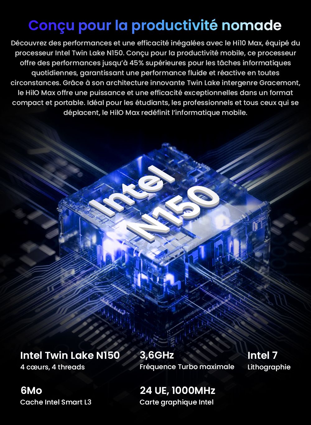 CHUWI Hi10 Max Tablette (sans clavier), processeur Intel N150 4 cœurs à 3,6 GHz maximum, écran tactile 12,96 pouces, RAM 12 Go, SSD 512 Go, double écran 4K USB-C + Micro HDMI, Wi-Fi 6, 2 ports Type-C complets, 1 port USB 3.2, 1 prise audio